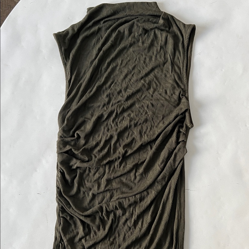 ENZA COSTA Silk Blend Knit Sleeveless Twist Ruched Midi Dress Army Green L $260 - Picture 7 of 11